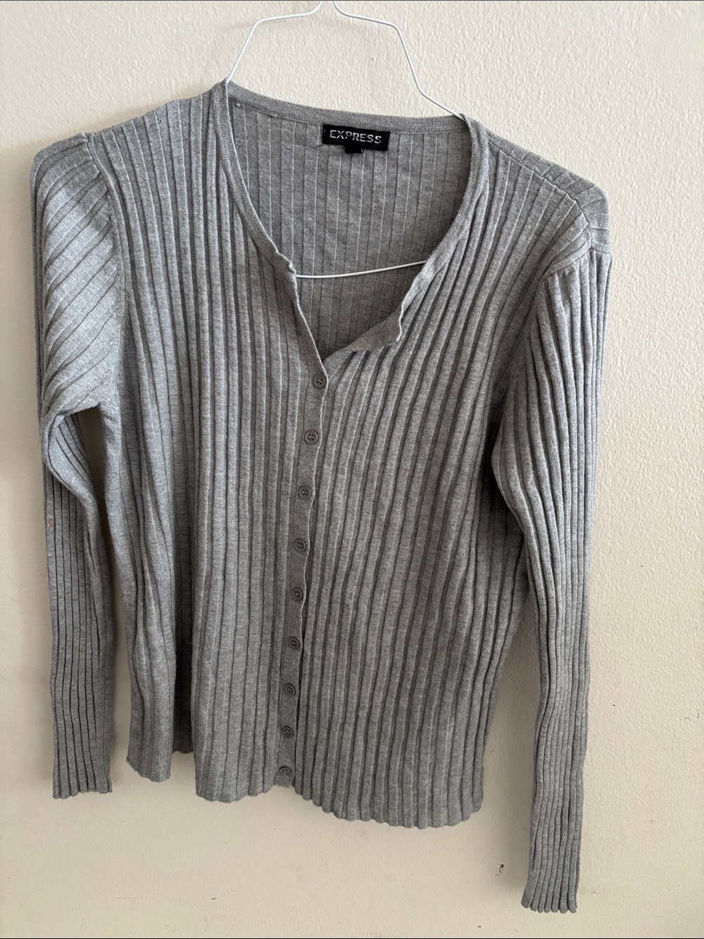 Express Light Gray Ribbed Button-Up Cardigan